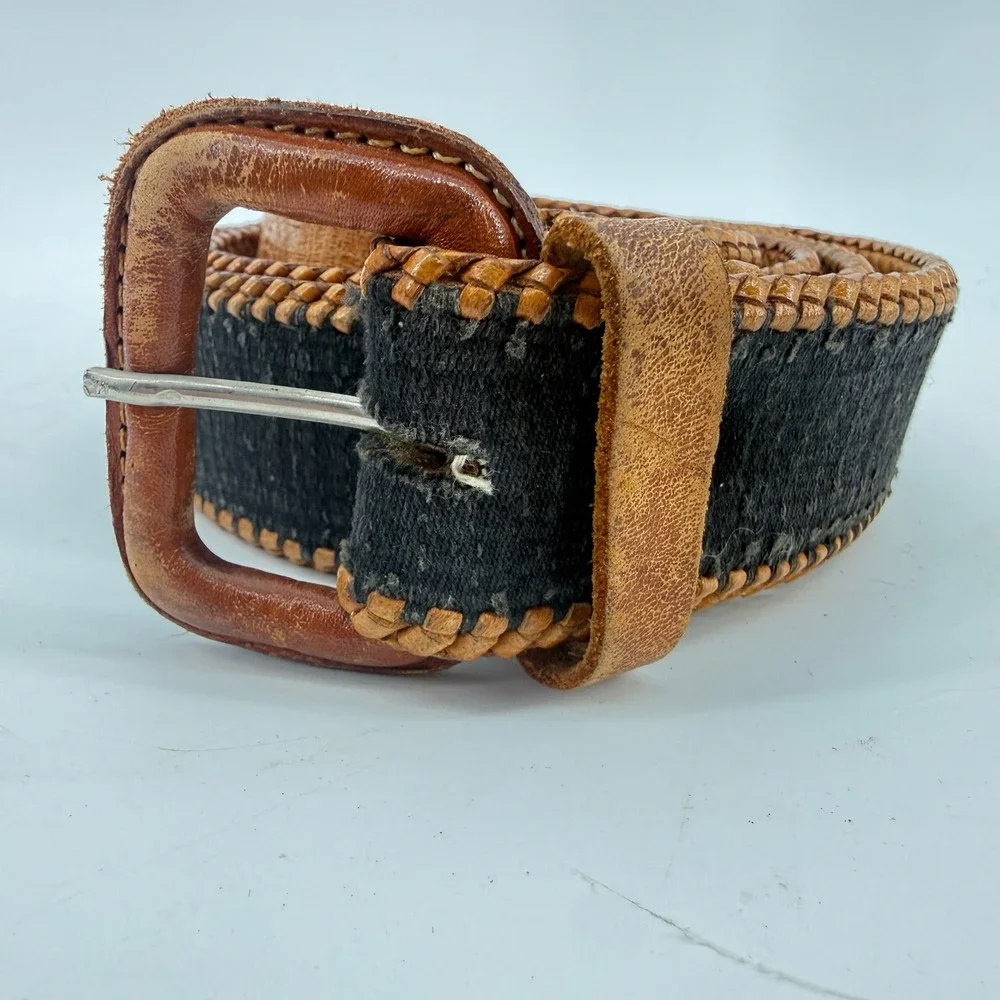 Vintage Southwestern‎ Woven Leather Belt Unisex SZ 40 Brown Black Geometric Boho